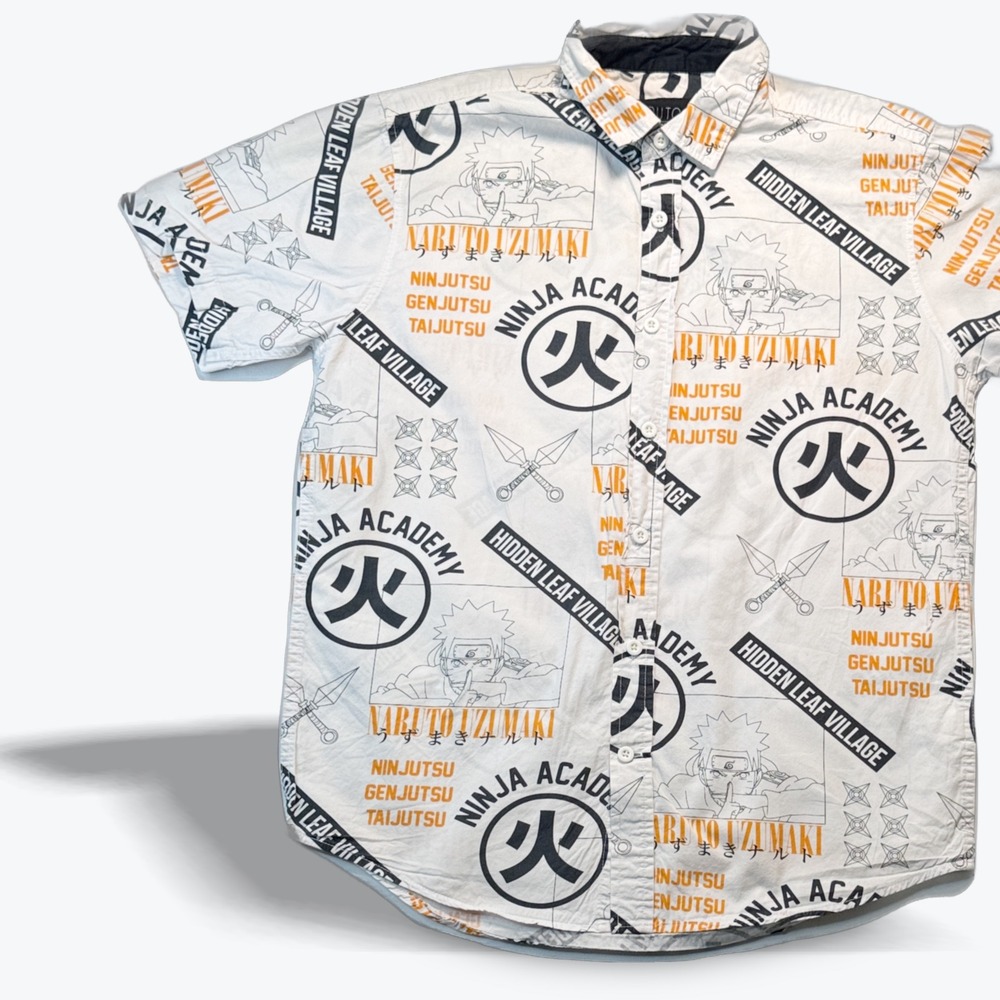 Naruto Shippuden Camp Shirt Ninja Academy Button Down Shirt White Anime Men Med